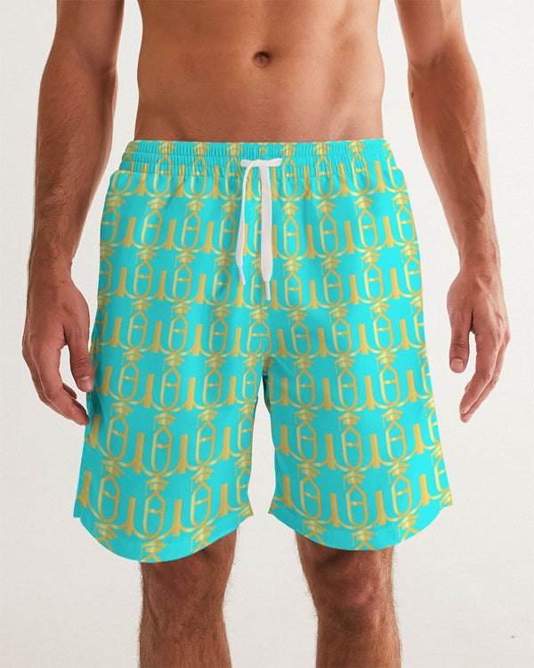 Aqua & Gold  Logo Pattern  Men's Swim Trunk