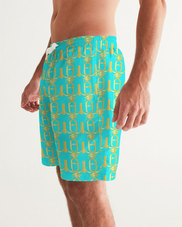 Aqua & Gold  Logo Pattern  Men's Swim Trunk